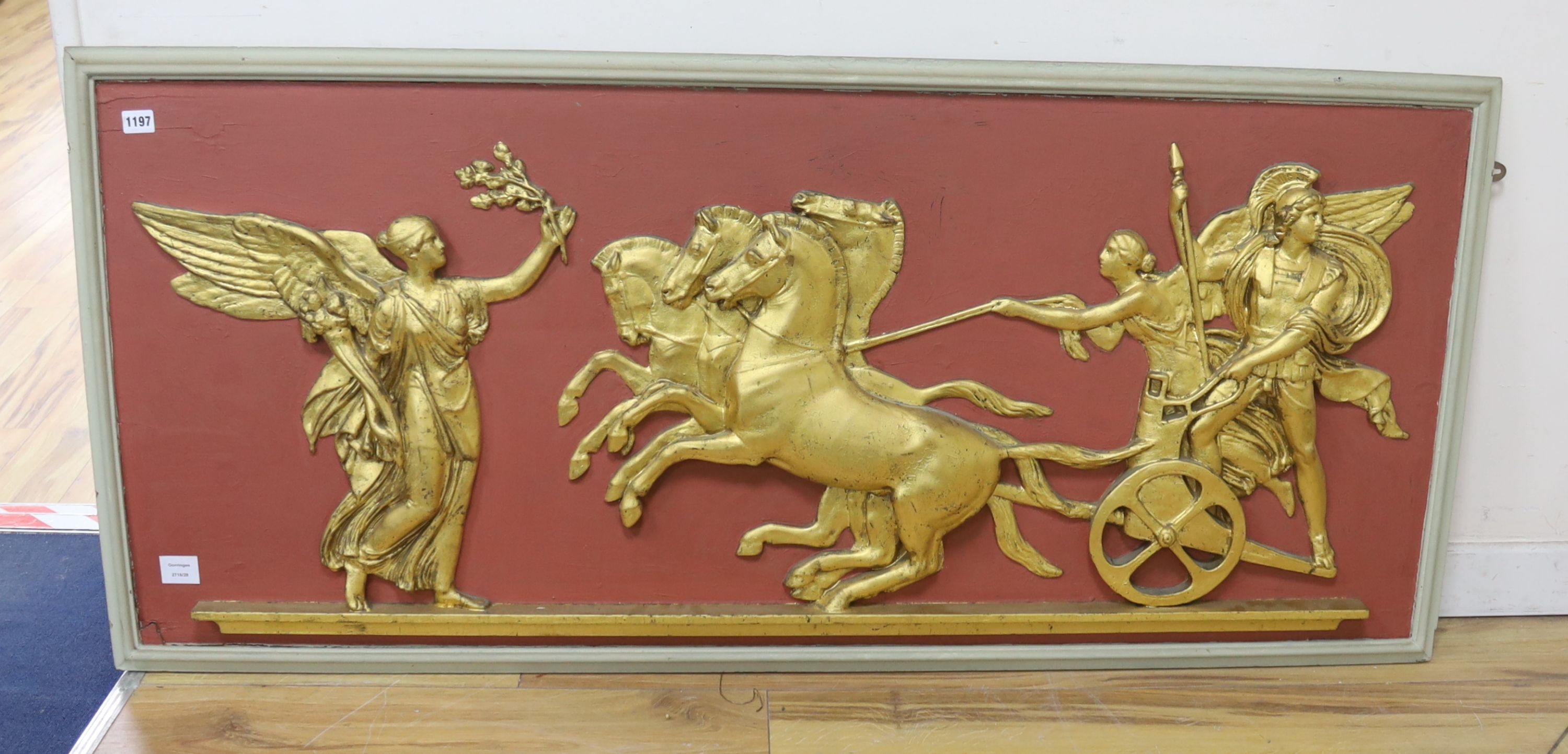 A 20th century gilt plaster wall-hanging panel, classical chariot scene, width 146cm, height 66cm